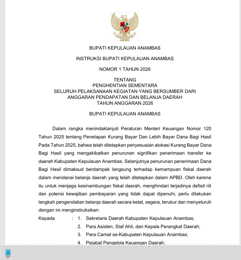 Keterlambatan DBH Migas Tekan Fiskal Daerah, Pemkab Anambas Ambil Langkah Pengendalian